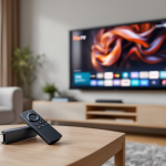 Fire TV Stick 4K con telecomando e TV in background