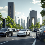 Immagine di un'auto Tesla con simboli di sostenibilità