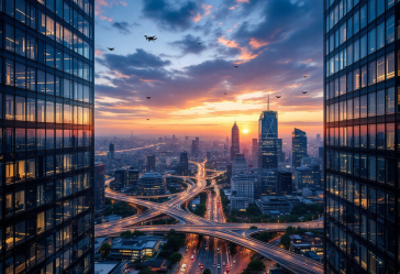 Droni commerciali in volo sopra una città americana