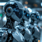 Robot umanoide sviluppato da OpenAI in un ambiente futuristico