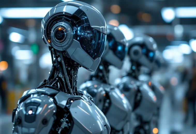 Robot umanoide sviluppato da OpenAI in un ambiente futuristico