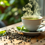 Tè verde in tazza con foglie fresche e limone