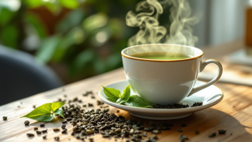 Tè verde in tazza con foglie fresche e limone
