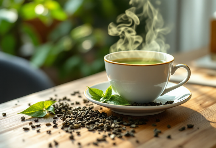 Tè verde in tazza con foglie fresche e limone