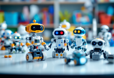 Bambini che interagiscono con robot programmabili educativi