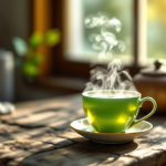 Tazza di tè verde con foglie fresche e cerebrale in sfondo