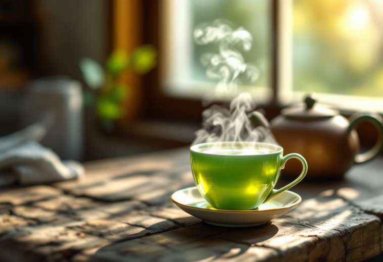 Tazza di tè verde con foglie fresche e cerebrale in sfondo