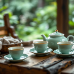 Tazza di tè verde con foglie fresche