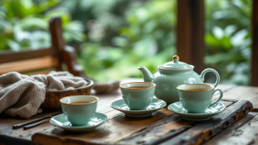 Tazza di tè verde con foglie fresche