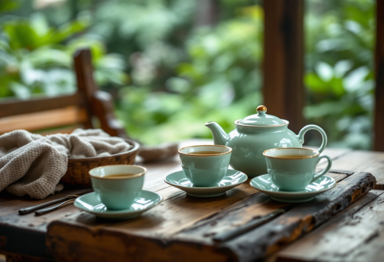 Tazza di tè verde con foglie fresche