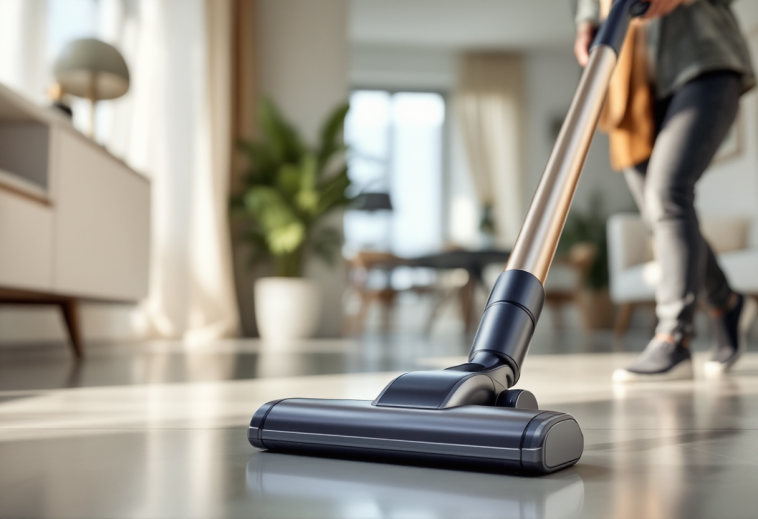 Aspirapolvere con filo in azione durante la pulizia