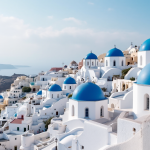 Panorama di Santorini con segni di attività sismica