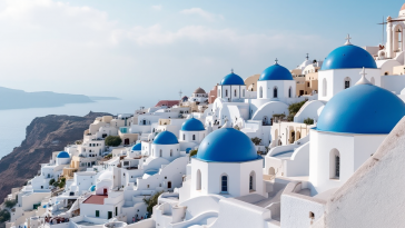 Panorama di Santorini con segni di attività sismica