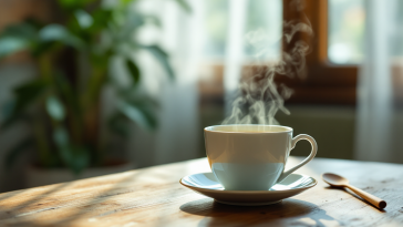 Tazza di tè verde con foglie fresche e limone