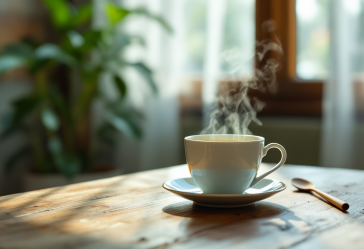 Tazza di tè verde con foglie fresche e limone
