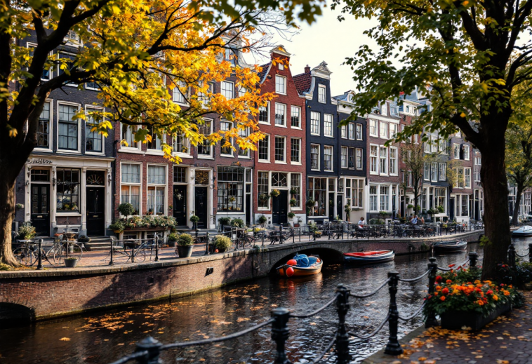 Panorama di Amsterdam con canali e biciclette
