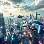 Immagine di un'auto volante in un cielo futuristico