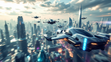 Immagine di un'auto volante in un cielo futuristico