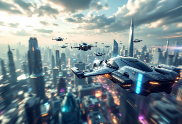Immagine di un'auto volante in un cielo futuristico