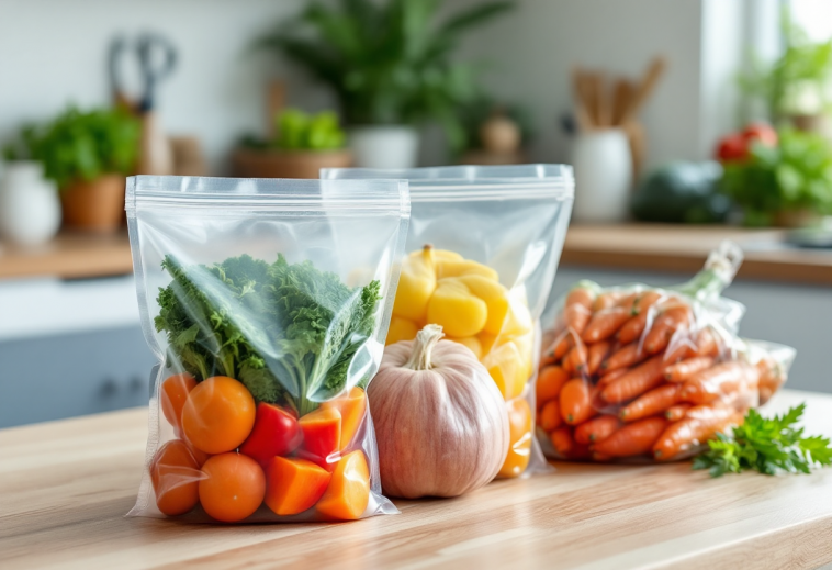 Cibo conservato sottovuoto in sacchetti trasparenti