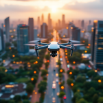 Immagine di droni armati in volo sopra una città