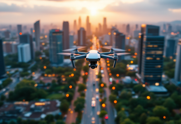 Immagine di droni armati in volo sopra una città