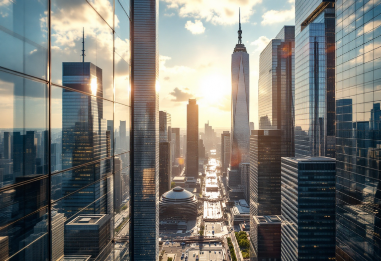 Panorama di Dubai con simboli di criptovalute