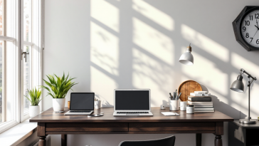 Scrivania moderna per lavoro da casa con accessori