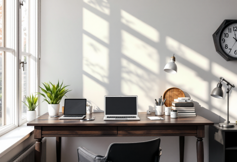 Scrivania moderna per lavoro da casa con accessori
