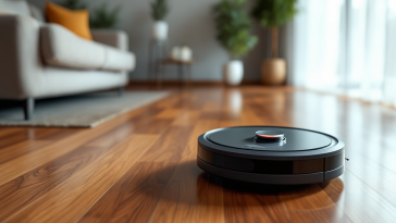 Robot aspirapolvere economico in azione su pavimento