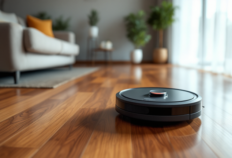 Robot aspirapolvere economico in azione su pavimento