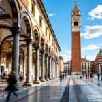 Panorama di Bologna con torri e piatti tipici