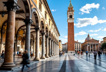 Panorama di Bologna con torri e piatti tipici