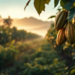 Piantagione di cacao in Brasile con frutti maturi