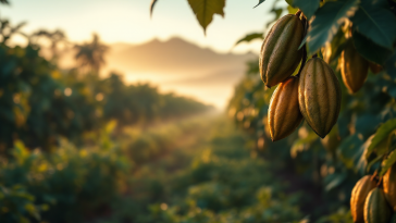 Piantagione di cacao in Brasile con frutti maturi