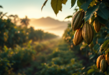 Piantagione di cacao in Brasile con frutti maturi