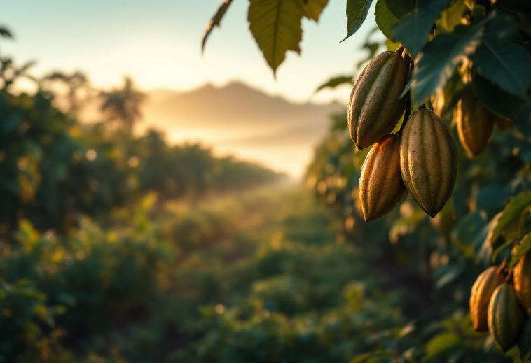 Piantagione di cacao in Brasile con frutti maturi