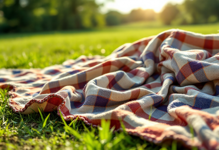Coperte colorate da picnic su un prato verde