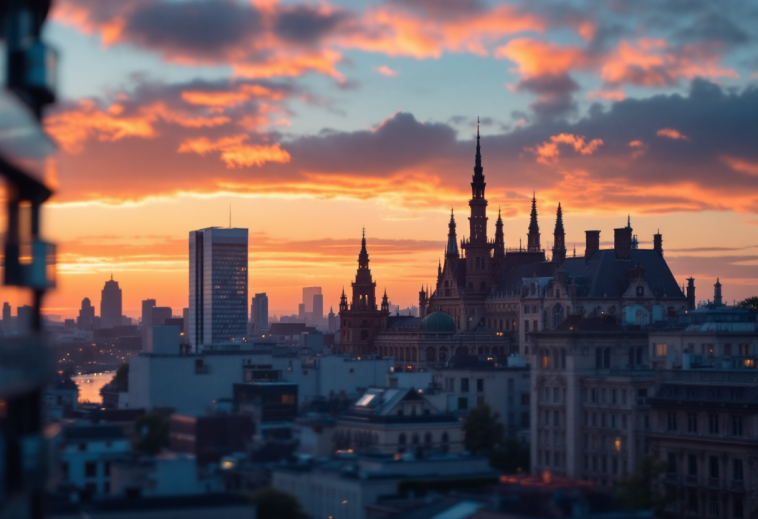 Droni che sorvolano una città europea per la sicurezza