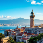 Panorama di Genova con il mare e le montagne sullo sfondo