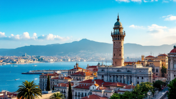 Panorama di Genova con il mare e le montagne sullo sfondo