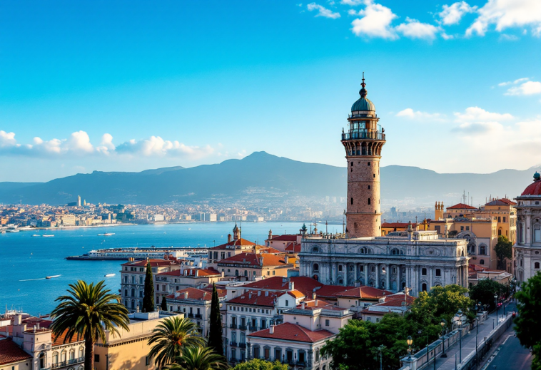 Panorama di Genova con il mare e le montagne sullo sfondo