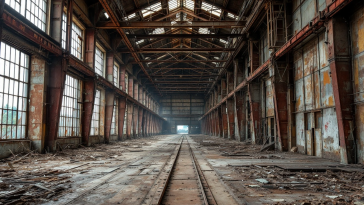 Logo Stellantis con sfondo di fabbrica in crisi