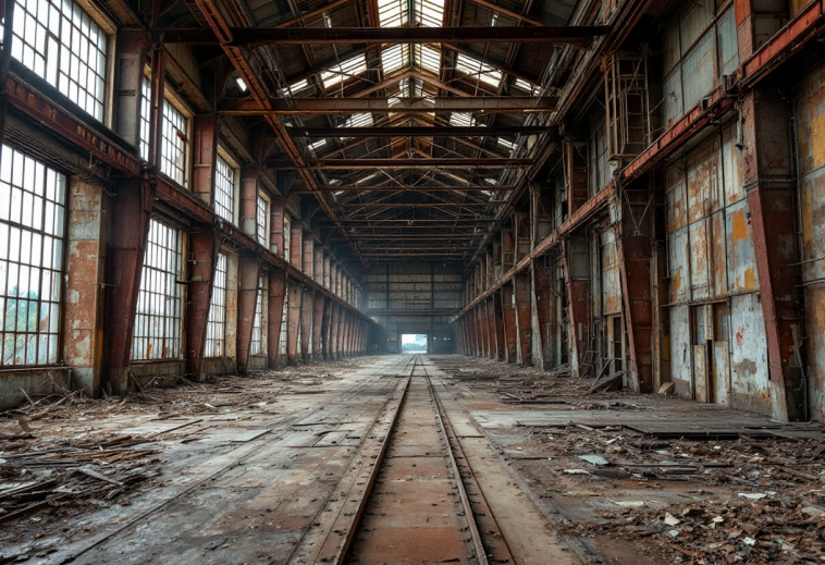 Logo Stellantis con sfondo di fabbrica in crisi