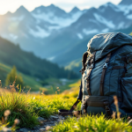 Zaino da trekking con paesaggio montano sullo sfondo