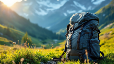 Zaino da trekking con paesaggio montano sullo sfondo