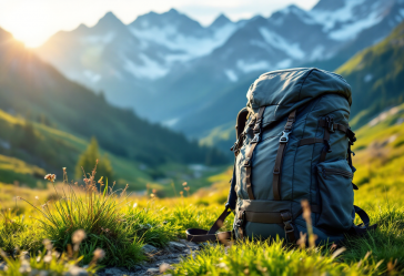 Zaino da trekking con paesaggio montano sullo sfondo
