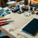 Logo Apple con iPad e strumenti di riparazione