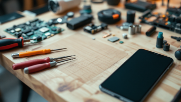 Logo Apple con iPad e strumenti di riparazione