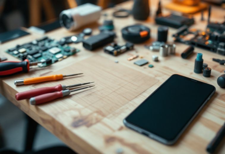 Logo Apple con iPad e strumenti di riparazione